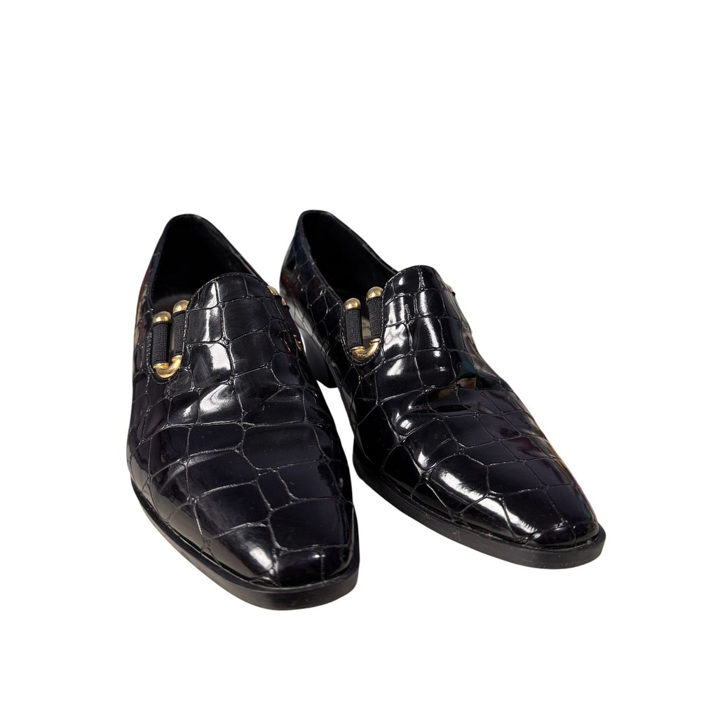 Jessica Womens Black Croc Embossed Patent Pumps Gold Hardware‎ Block Heel Size 8